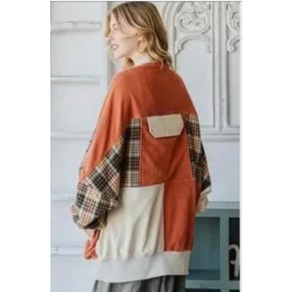 Oli & Hali WASHED COLORBLOCK ZIP FRONT Plaid Pockets BOMBER TERRY JACKET - Picture 3 of 4